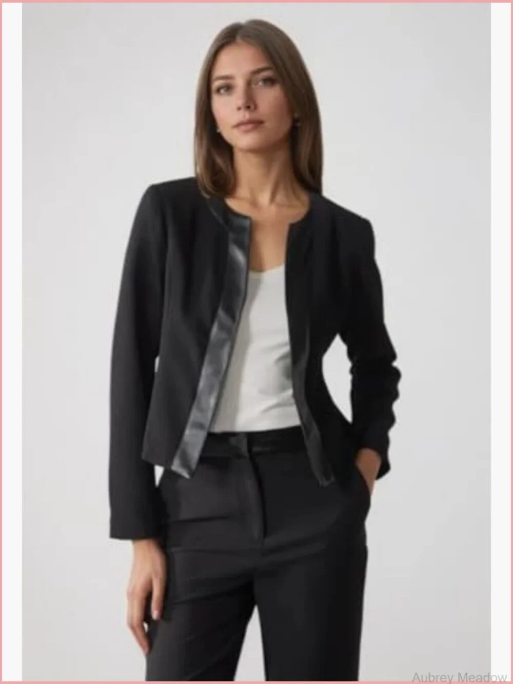 Collarless Blazer Jacket with Faux Leather Trim, Long Sleeve, Cropped